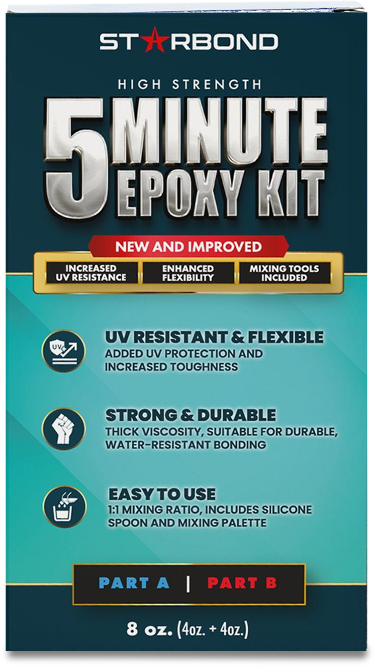 Starbond 5 Minute Epoxy Flexible-Toughened, UV-Protection Technology, Enhanced Durability Convenient Mixing Tools 2,600 lb Shear Strength, Quick Cure for Wood, Metal, 8 oz