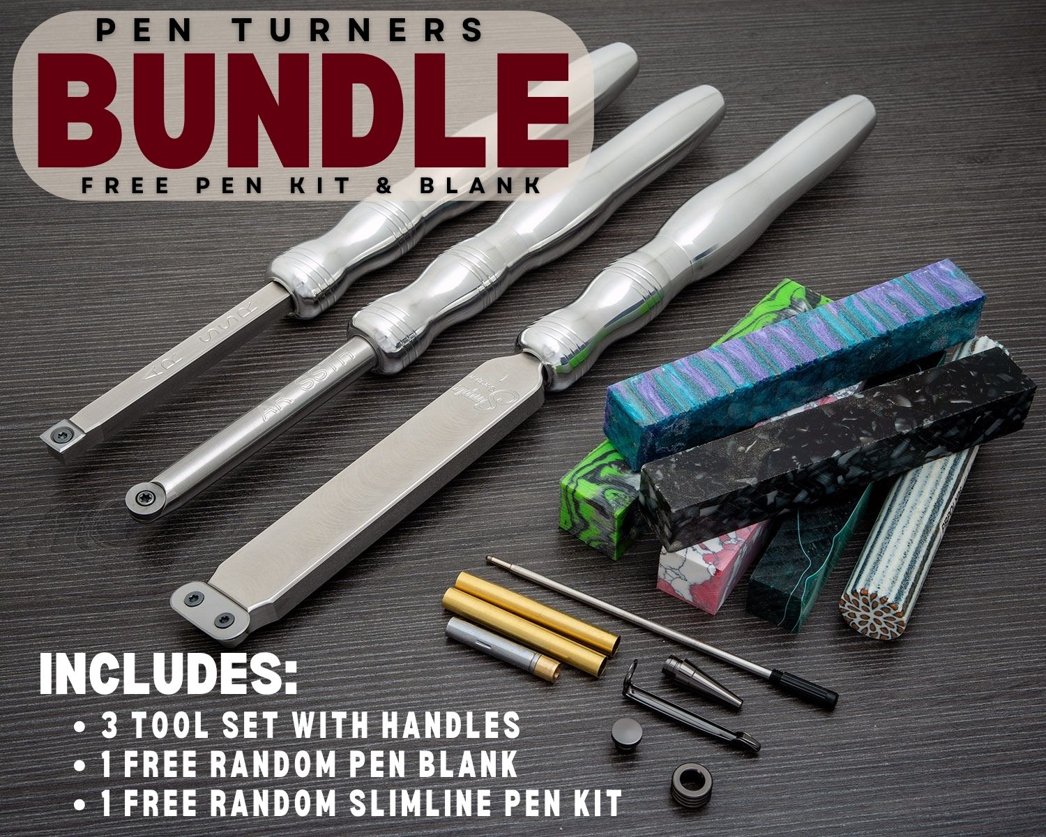 Acrylic Resin Pen Turners 3 Tool Bundle with Negative Rake Scraper, Rougher and Turner - 12" Overall